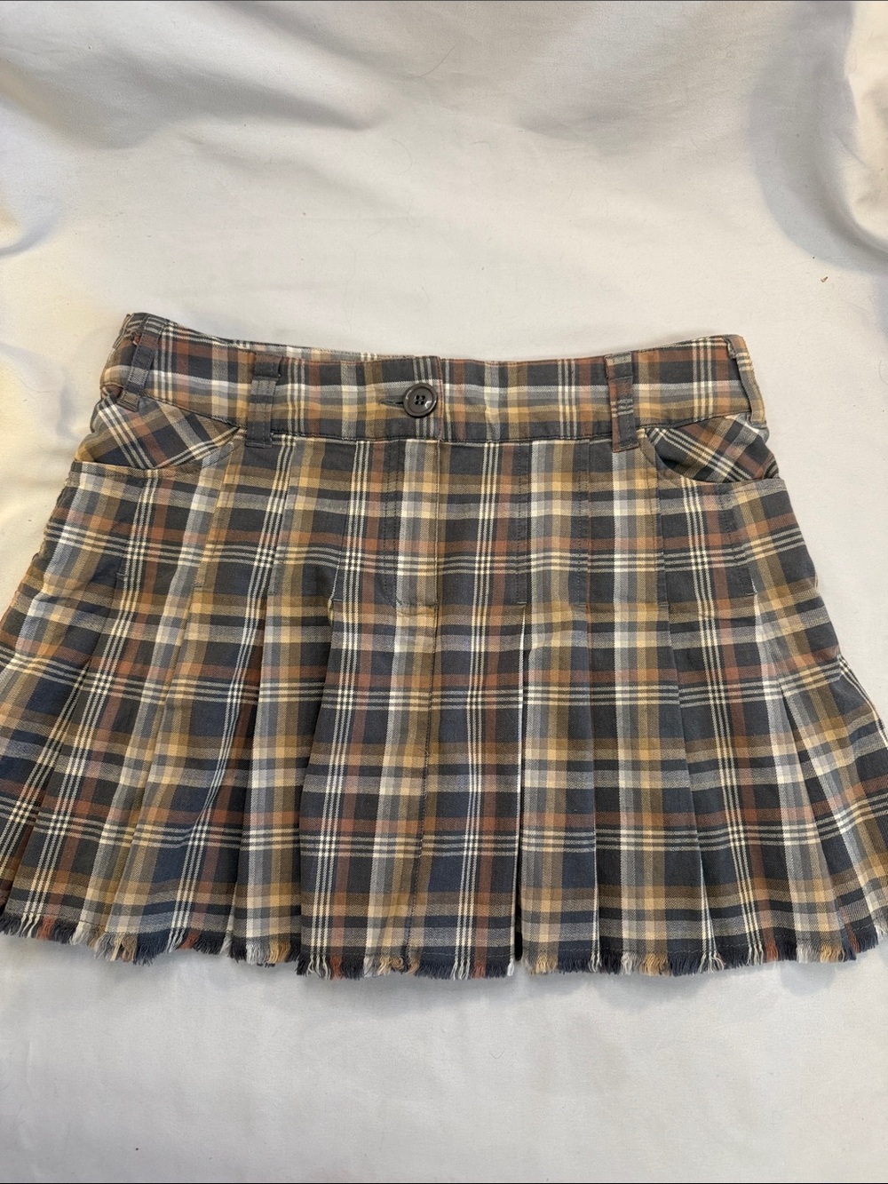 Nitrogen Pleated Plaid Mini Skirt in Navy, Tan & Cream